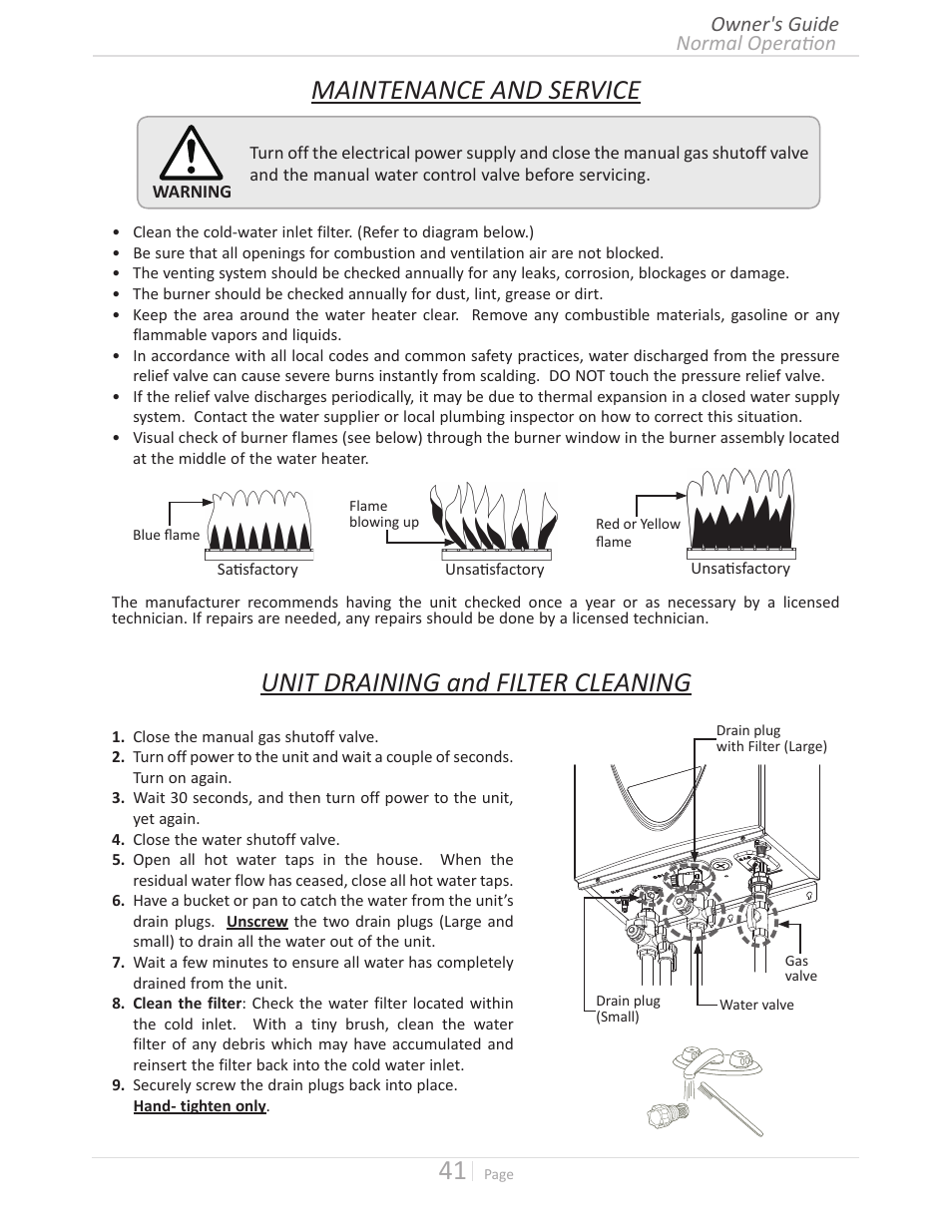 Maintenance and service, Unit draining and filter cleaning, Normal operation owner's guide | John Wood Takagi - 240H-340H-540H User Manual | Page 41 / 60