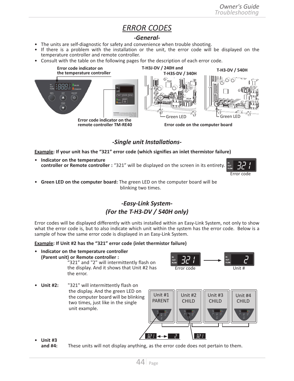 Error codes, General, Single unit installati ons | Easy-link system- (for the t-h3-dv / 540h only), Troubleshooti ng owner's guide | John Wood Takagi - 240H-340H-540H User Manual | Page 44 / 60