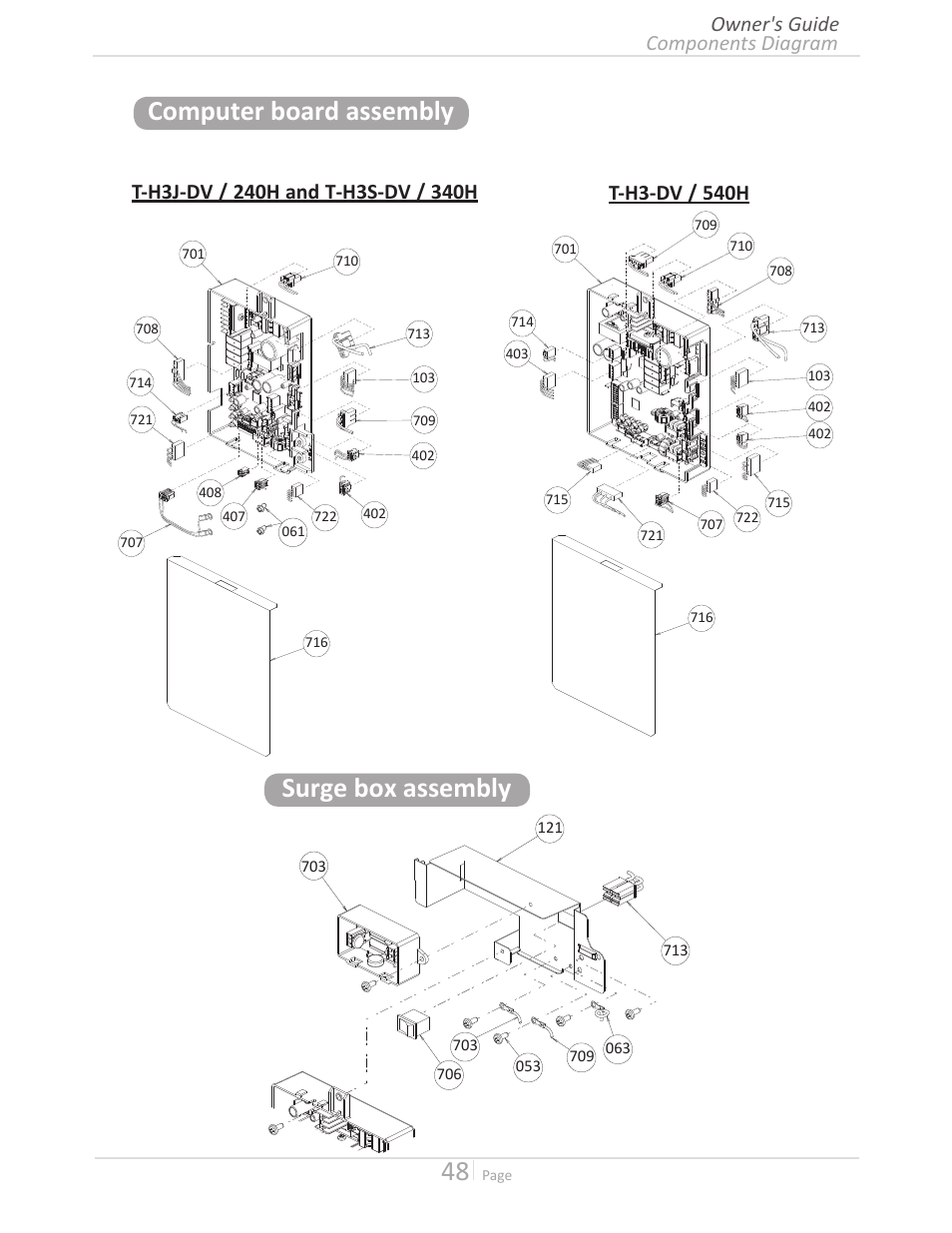 Computer board assembly surge box assembly, Components diagram owner's guide | John Wood Takagi - 240H-340H-540H User Manual | Page 48 / 60