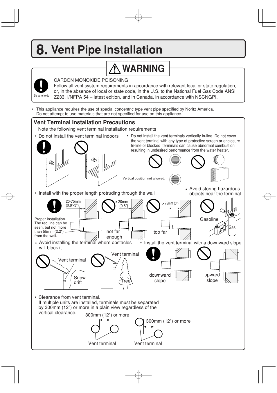 Vent pipe installation, Warning | John Wood Noritz Concentric Vent - NR98-DVC (N-0751M) User Manual | Page 10 / 26