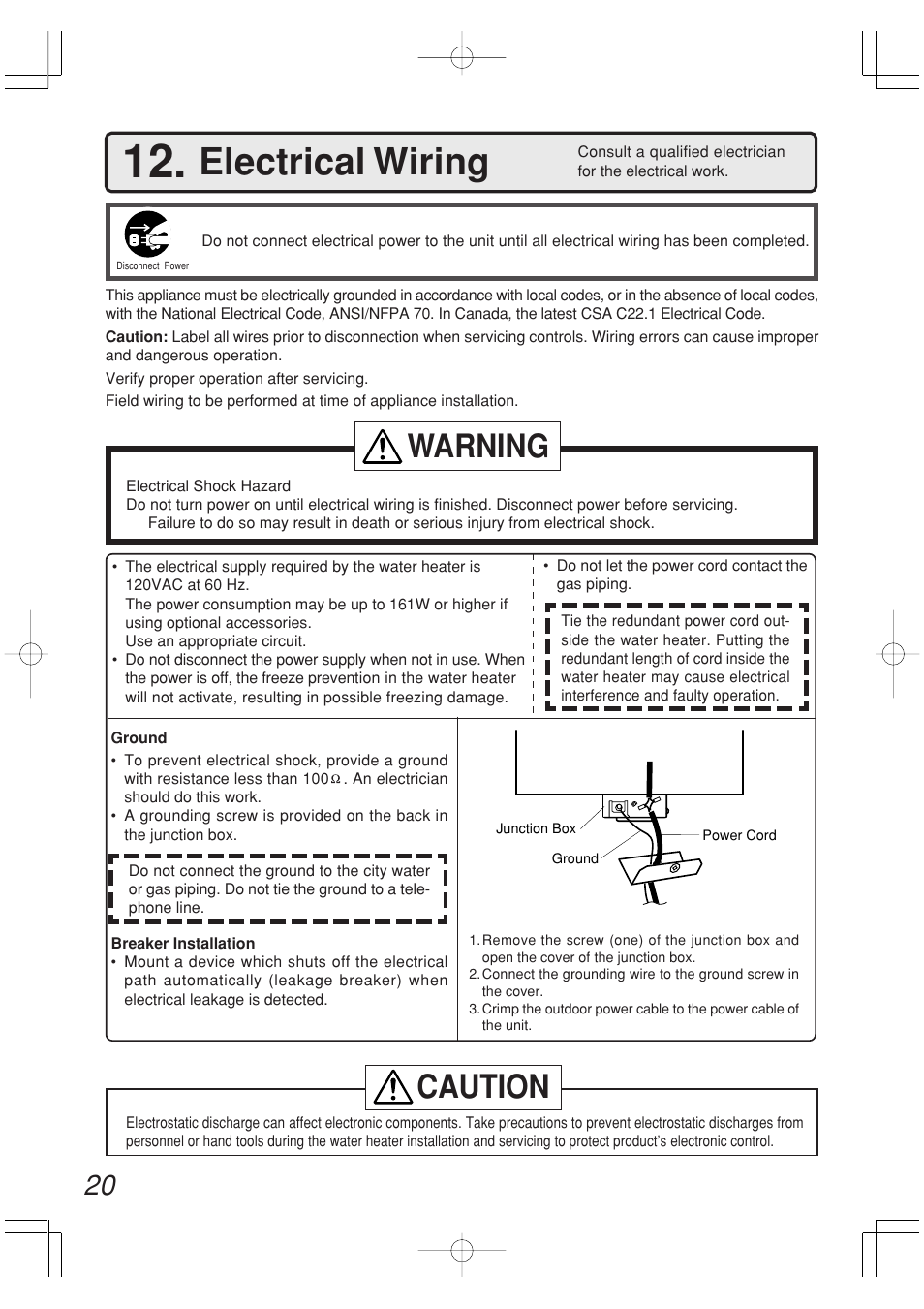 Electrical wiring, Warning, Caution | John Wood Noritz Concentric Vent - NR98-DVC (N-0751M) User Manual | Page 20 / 26