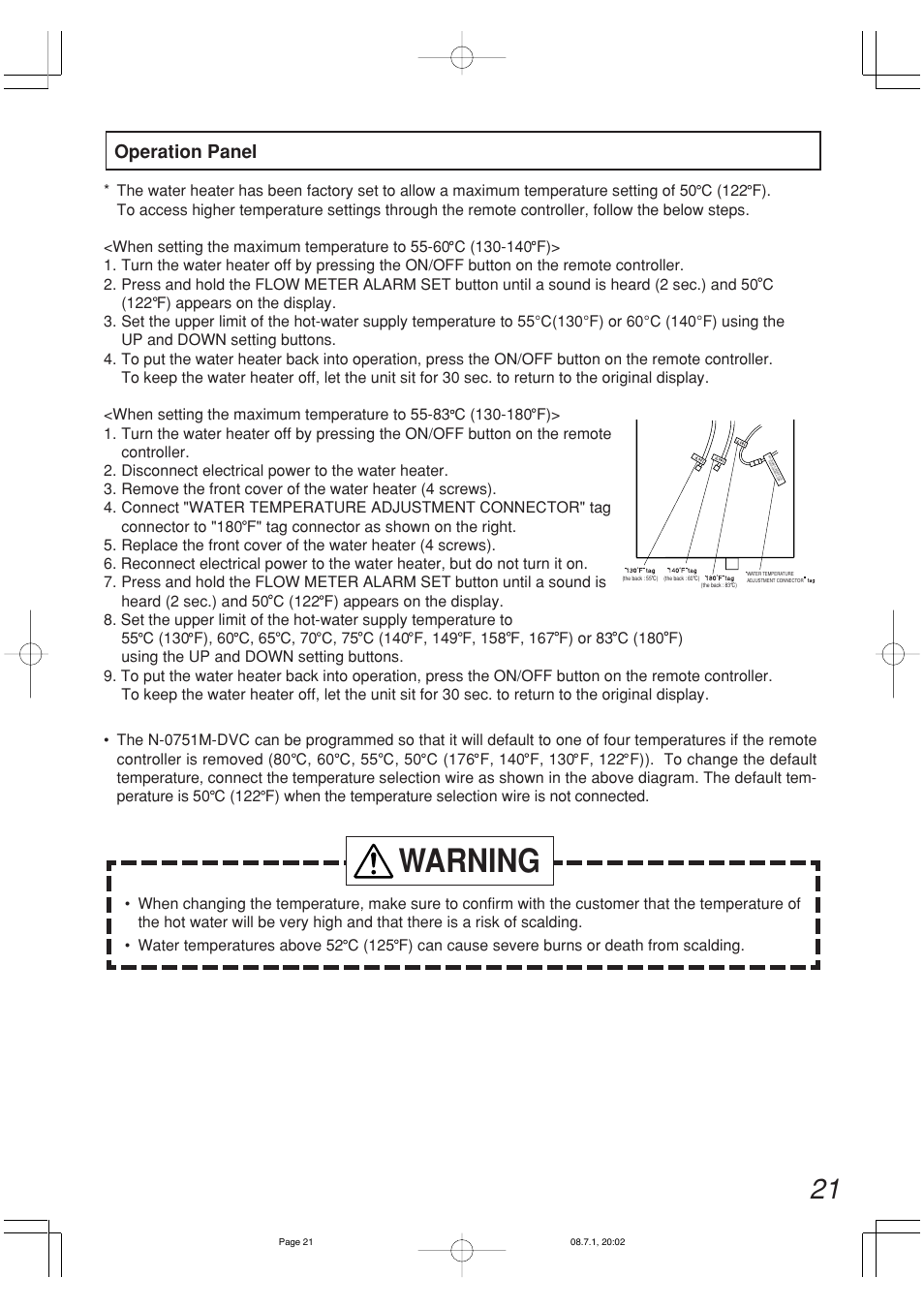 Warning, Operation panel | John Wood Noritz Concentric Vent - NR98-DVC (N-0751M) User Manual | Page 21 / 26