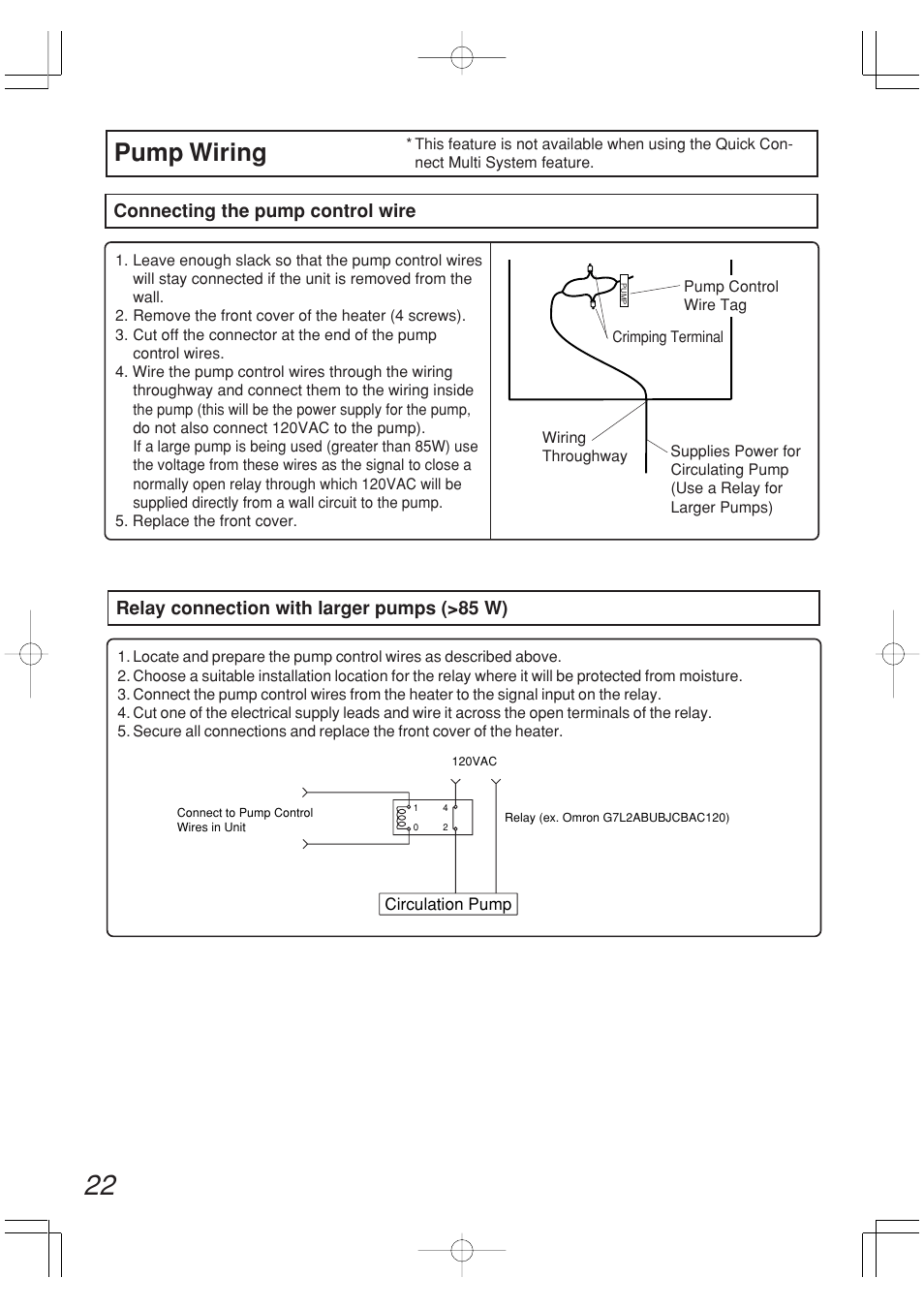 Pump wiring, Connecting the pump control wire, Relay connection with larger pumps (>85 w) | John Wood Noritz Concentric Vent - NR98-DVC (N-0751M) User Manual | Page 22 / 26