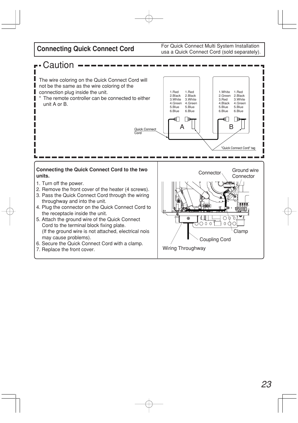 Caution, Connecting quick connect cord | John Wood Noritz Concentric Vent - NR98-DVC (N-0751M) User Manual | Page 23 / 26