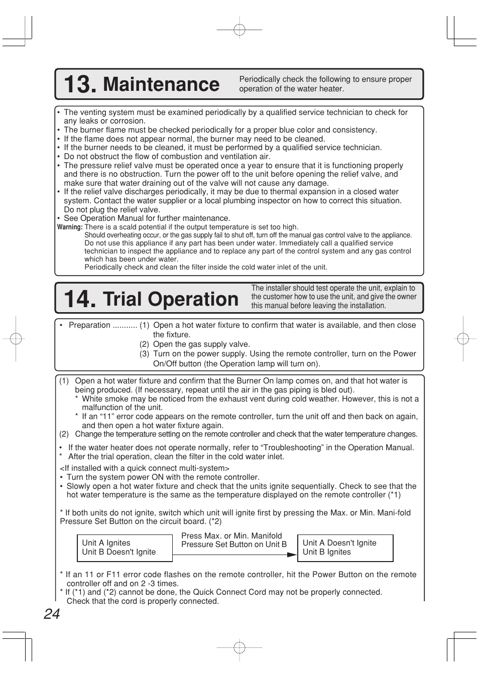 Maintenance, Trial operation | John Wood Noritz Concentric Vent - NR98-DVC (N-0751M) User Manual | Page 24 / 26