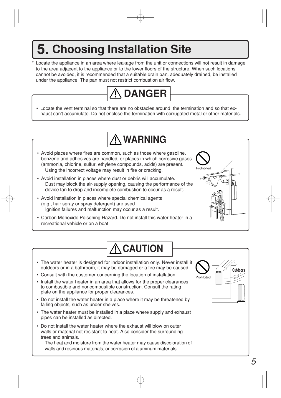 Choosing installation site, Danger warning caution | John Wood Noritz Concentric Vent - NR98-DVC (N-0751M) User Manual | Page 5 / 26