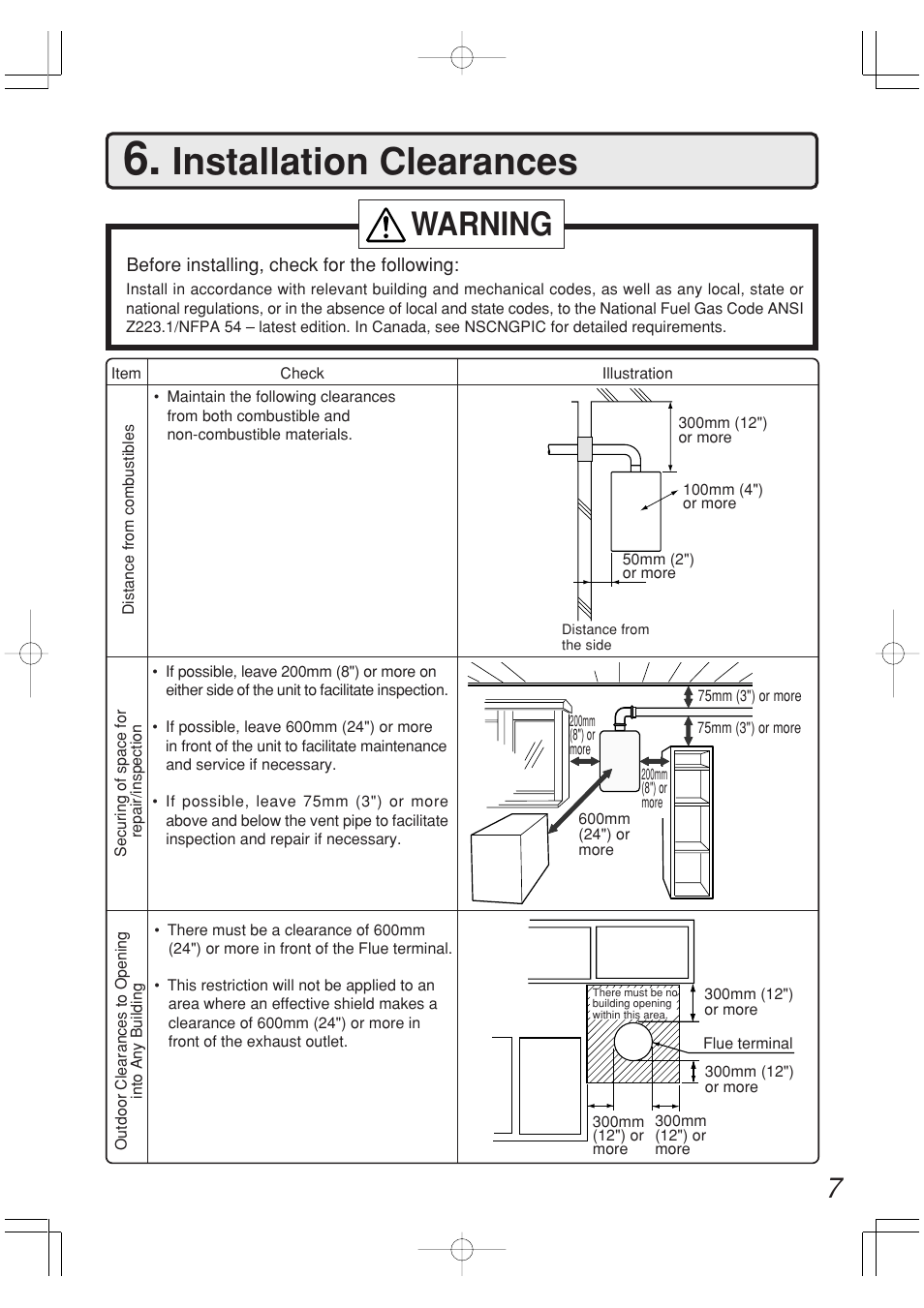 Installation clearances, Warning | John Wood Noritz Concentric Vent - NR98-DVC (N-0751M) User Manual | Page 7 / 26