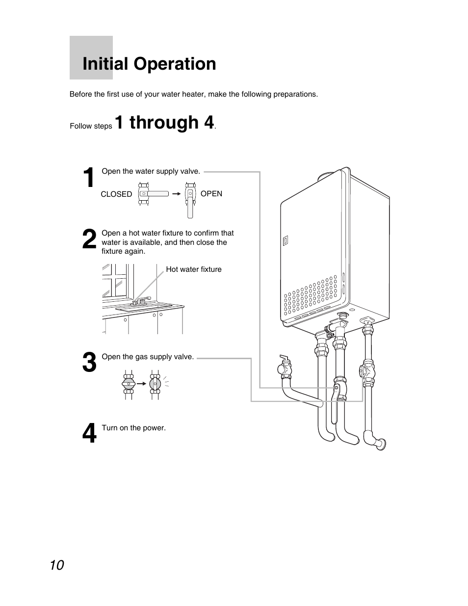 1 through 4, Initial operation | John Wood Noritz N-069M_N-069S User Manual | Page 10 / 66