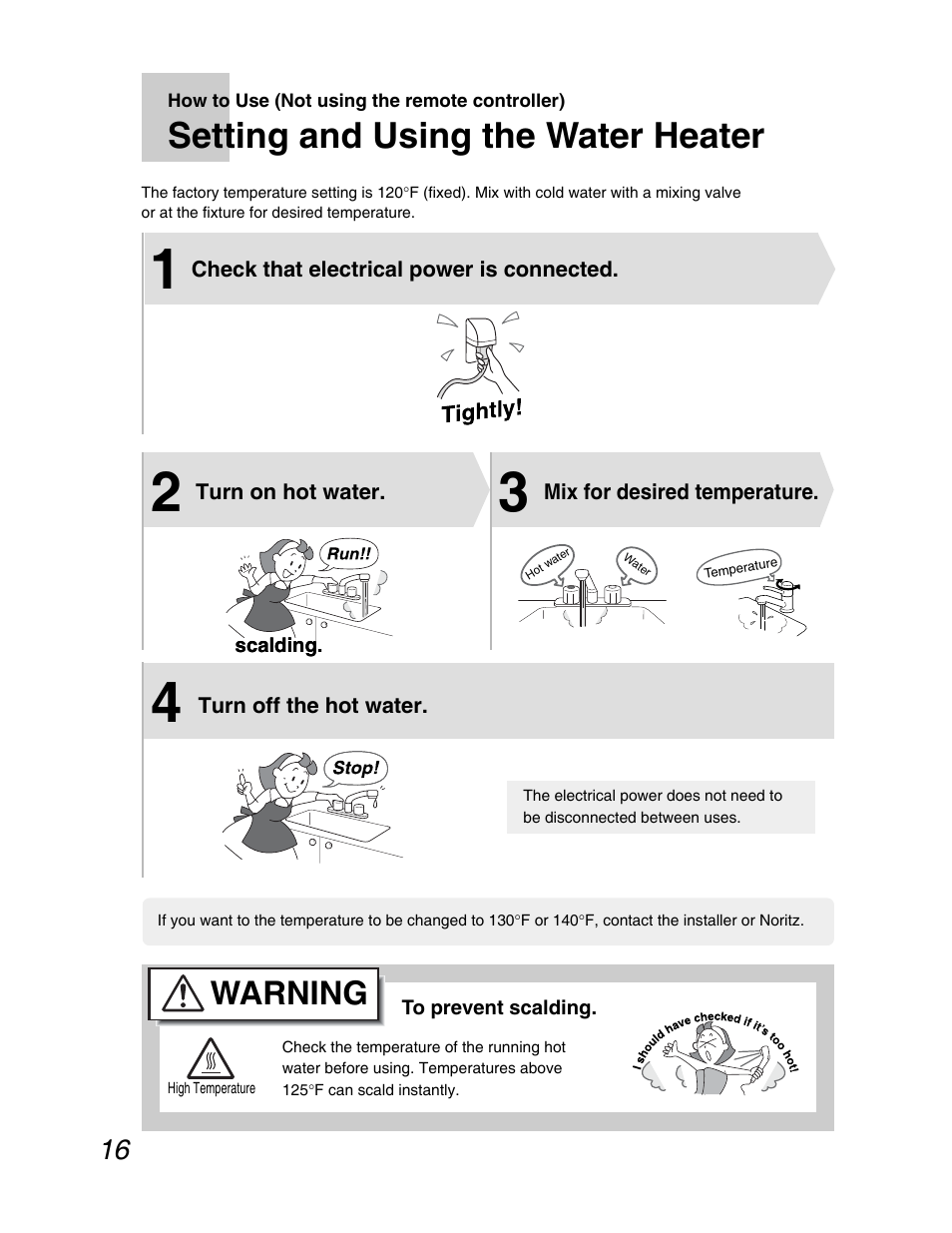 Setting and using the water heater, Warning | John Wood Noritz N-069M_N-069S User Manual | Page 16 / 66