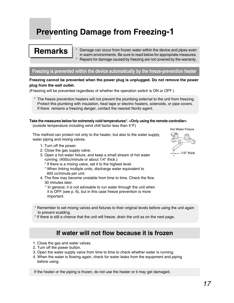 Preventing freeze damage, Remarks, Preventing damage from freezing | If water will not flow because it is frozen | John Wood Noritz N-069M_N-069S User Manual | Page 17 / 66