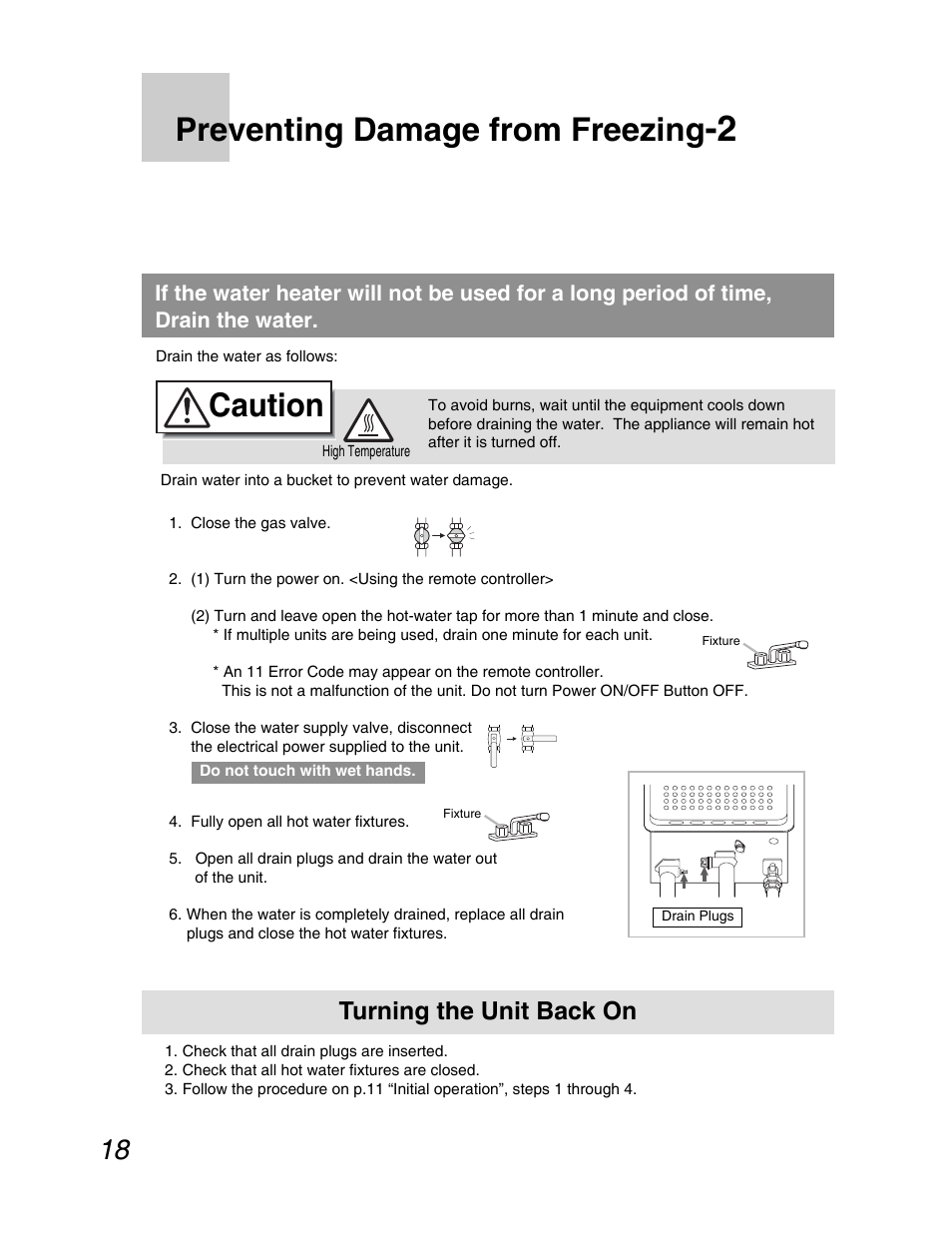 Caution, Preventing damage from freezing, Turning the unit back on | John Wood Noritz N-069M_N-069S User Manual | Page 18 / 66