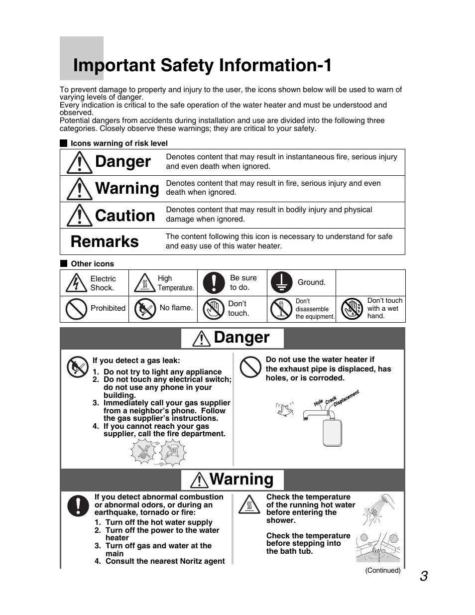 Important safety information-1, Danger warning caution, Remarks | Danger, Warning | John Wood Noritz N-069M_N-069S User Manual | Page 3 / 66