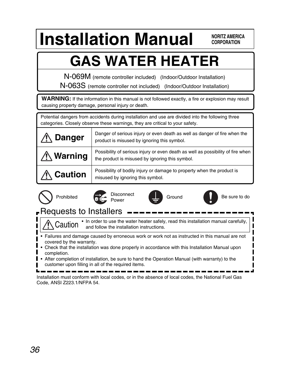 Installation manual, Gas water heater, Requests to installers | Caution, Warning caution danger, N-069m, N-063s | John Wood Noritz N-069M_N-069S User Manual | Page 36 / 66