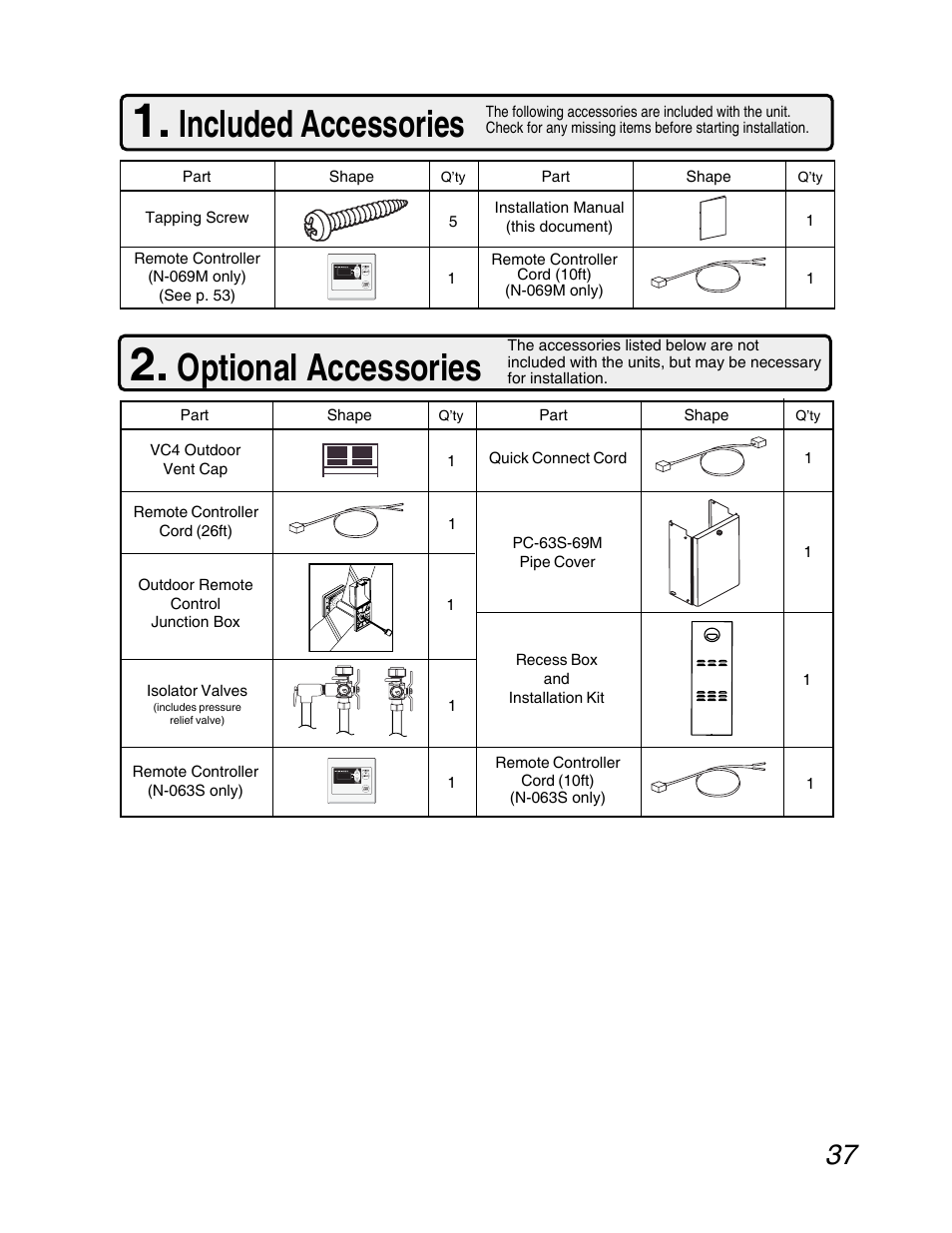 Included accessories, Optional accessories | John Wood Noritz N-069M_N-069S User Manual | Page 37 / 66