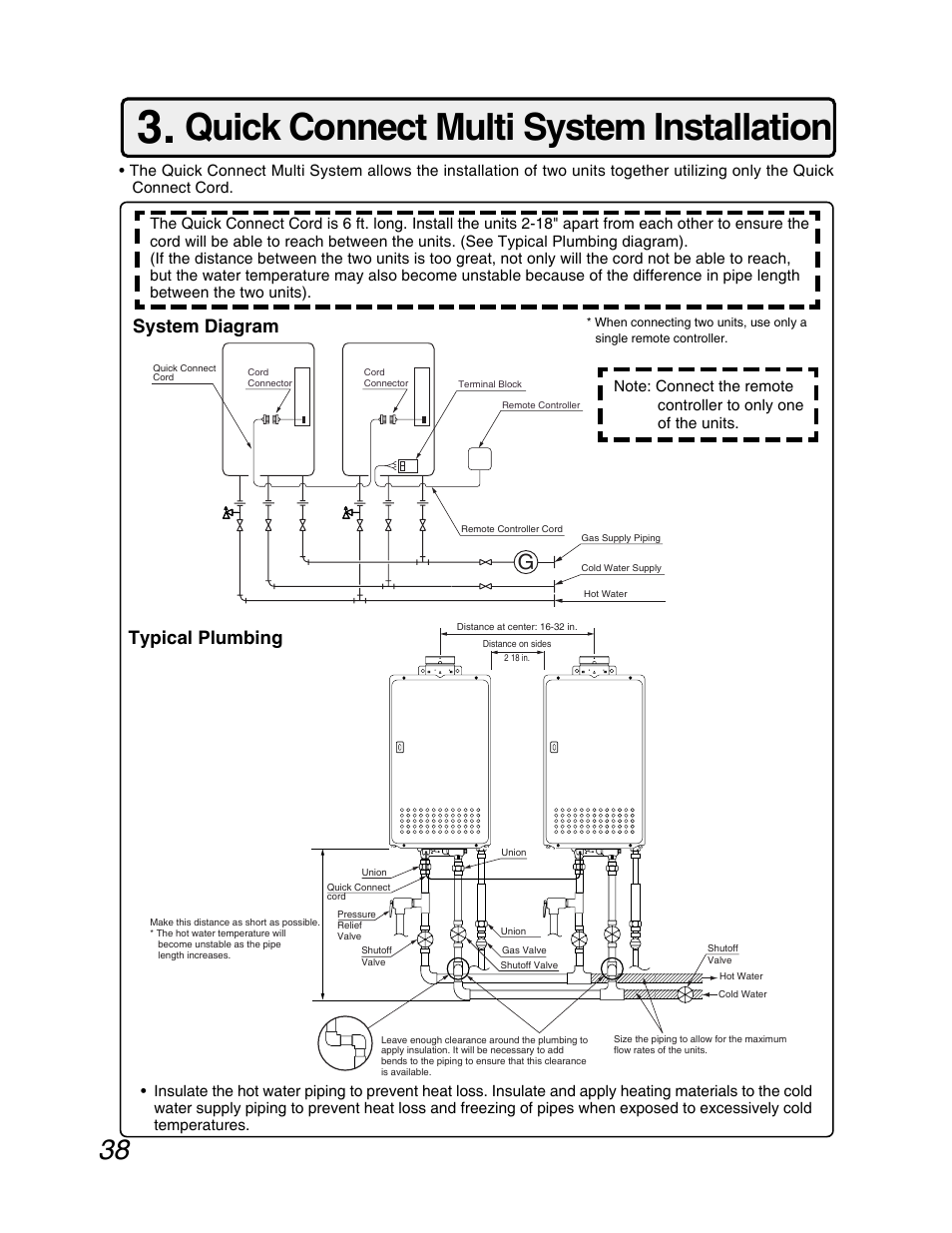 Quick connect, Plumbing/general, Quick connect multi system installation | Typical plumbing, System diagram | John Wood Noritz N-069M_N-069S User Manual | Page 38 / 66