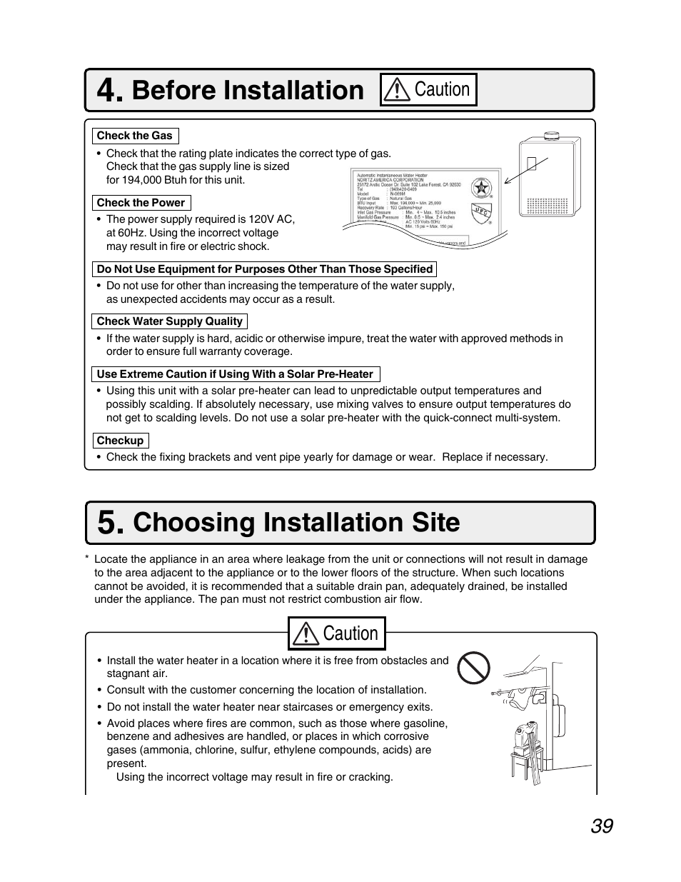 Choosing installation site, Before installation, Caution | John Wood Noritz N-069M_N-069S User Manual | Page 39 / 66