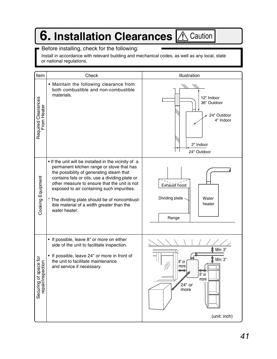 Installation clearances, Caution | John Wood Noritz N-069M_N-069S User Manual | Page 41 / 66