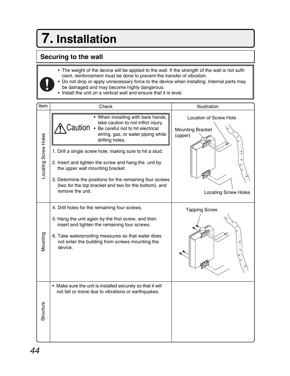 Installation, Caution, Securing to the wall | John Wood Noritz N-069M_N-069S User Manual | Page 44 / 66