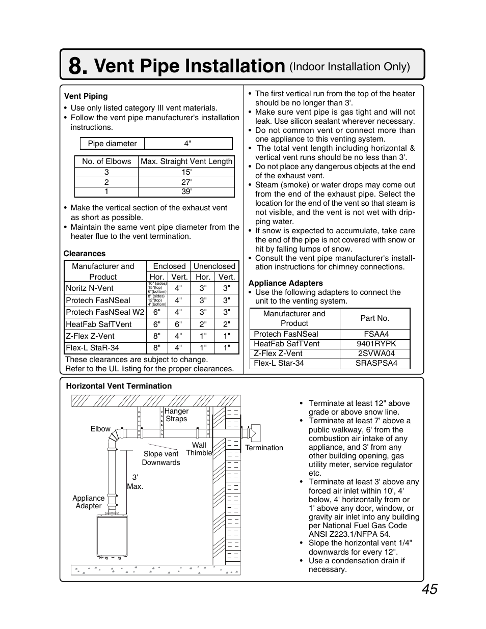 Vent pipe requirements, Vent pipe installation, Indoor installation only) | John Wood Noritz N-069M_N-069S User Manual | Page 45 / 66