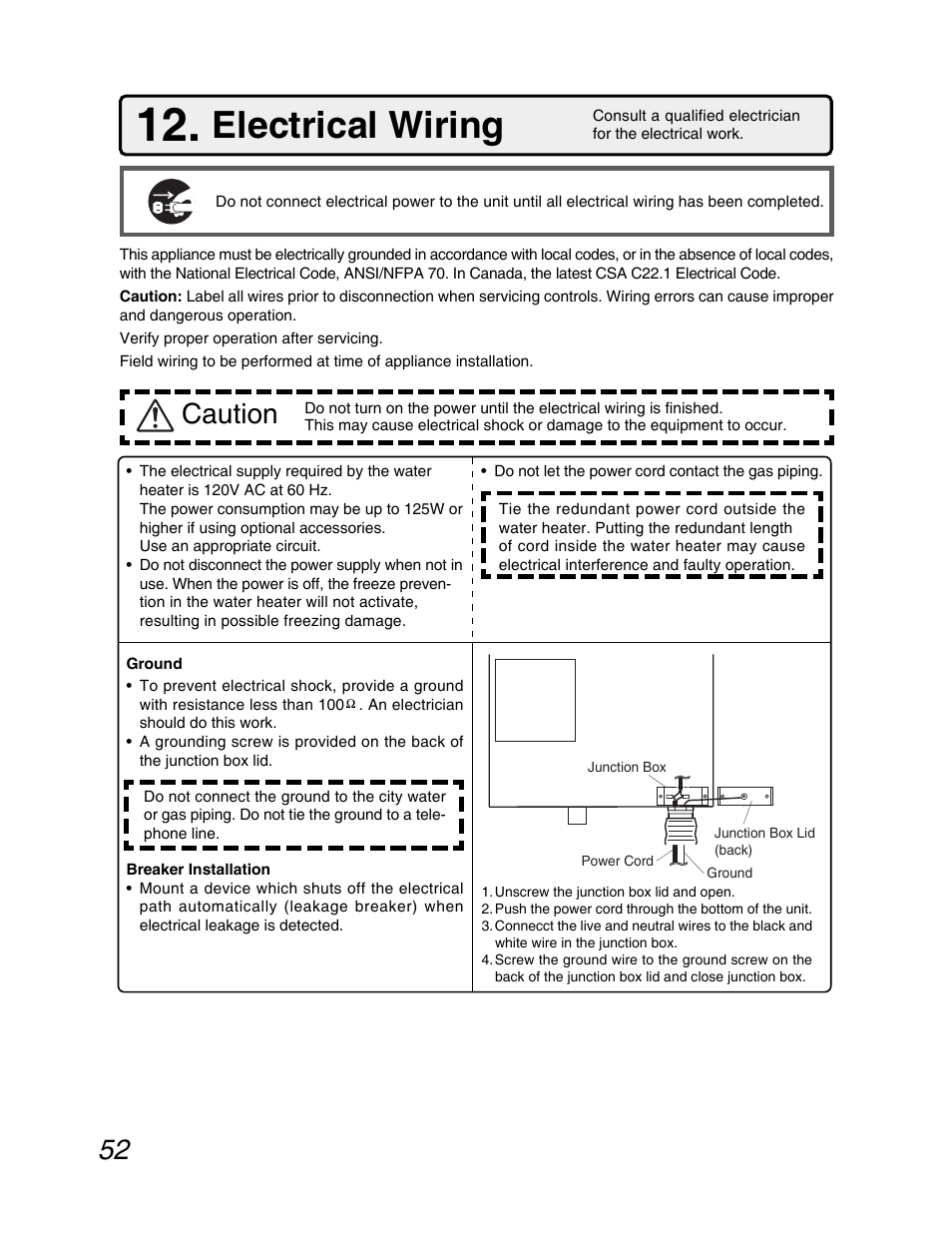 Electrical wiring, Caution | John Wood Noritz N-069M_N-069S User Manual | Page 52 / 66