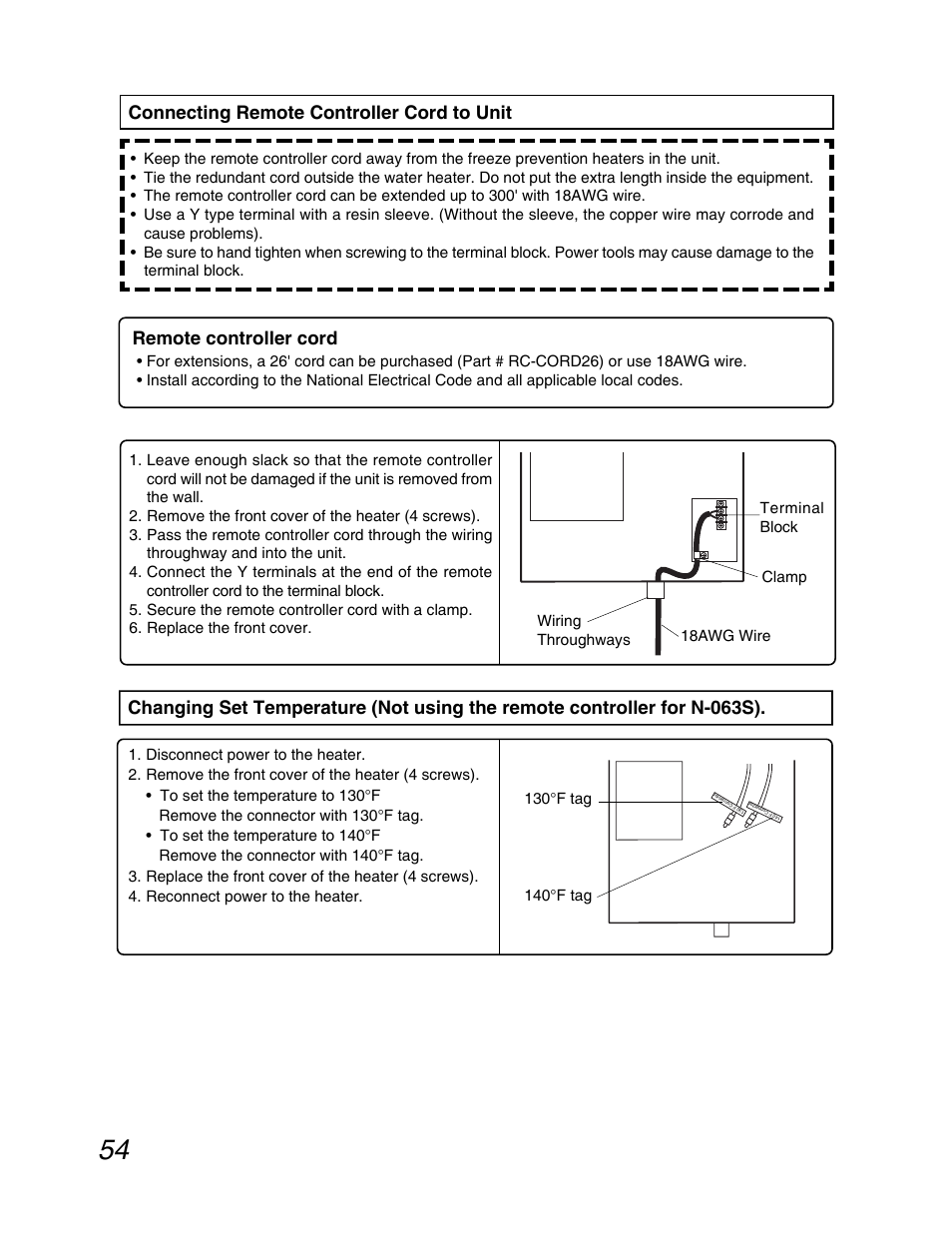 Remote controller, Connecting the remote, N-063s temperature options | Remote controller cord, Connecting remote controller cord to unit | John Wood Noritz N-069M_N-069S User Manual | Page 54 / 66