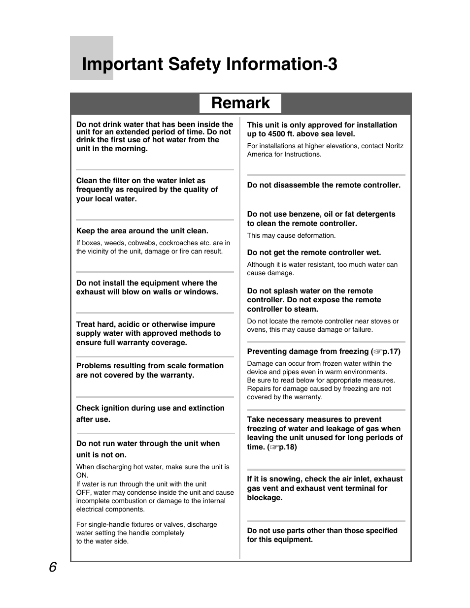 Important safety information, Remark | John Wood Noritz N-069M_N-069S User Manual | Page 6 / 66