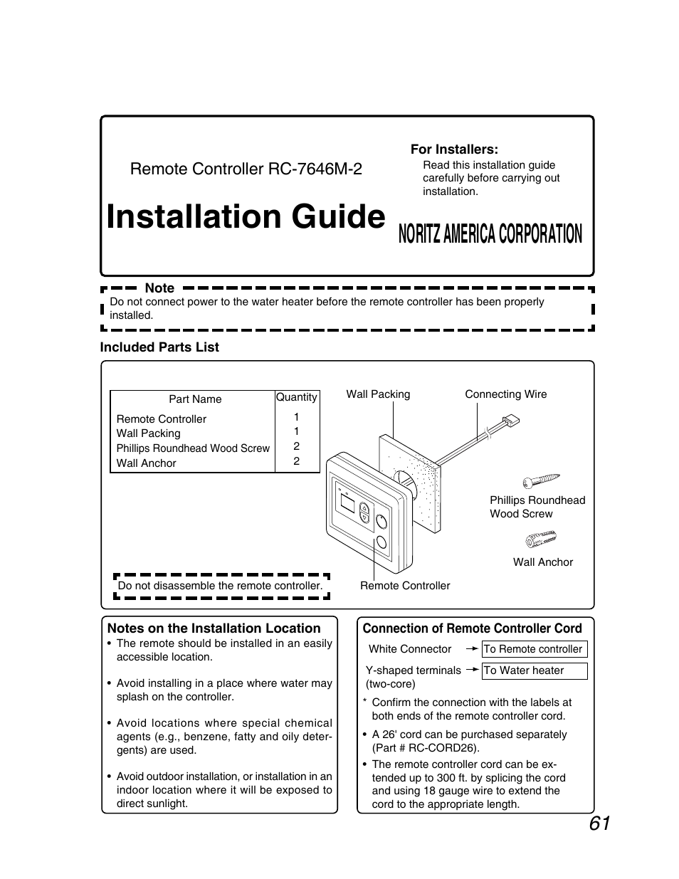 Installation guide, Noritz america corporation | John Wood Noritz N-069M_N-069S User Manual | Page 61 / 66