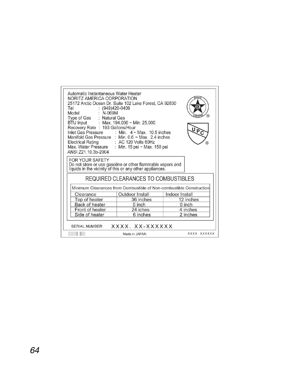 Sample rating plate | John Wood Noritz N-069M_N-069S User Manual | Page 64 / 66