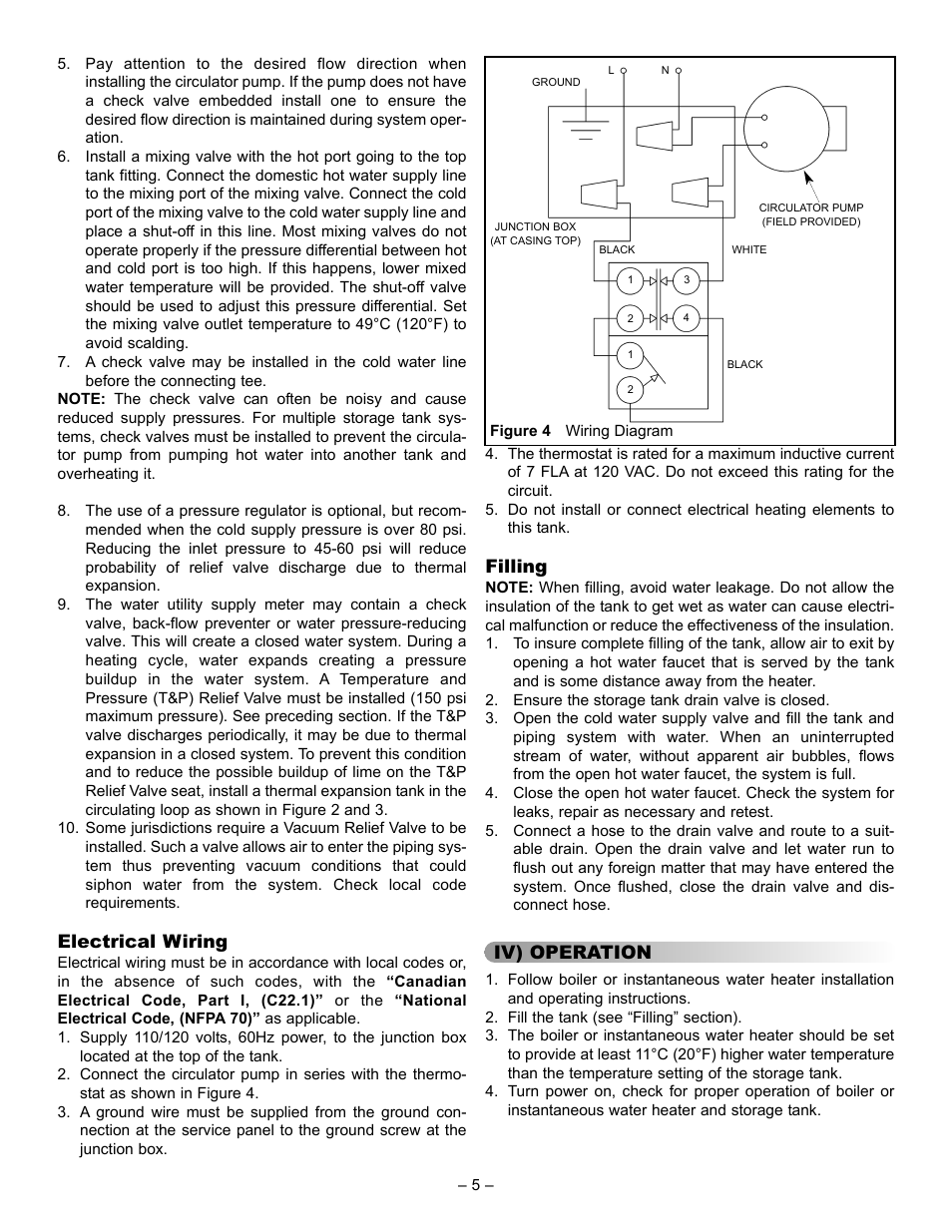 Electrical wiring, Filling, Iv) operation | John Wood FlowTHRU Storage Tanks User Manual | Page 5 / 10