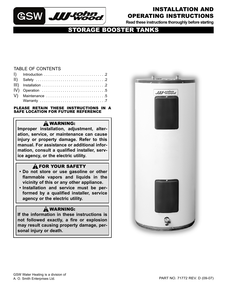 John Wood Storage Booster Tanks User Manual | 8 pages