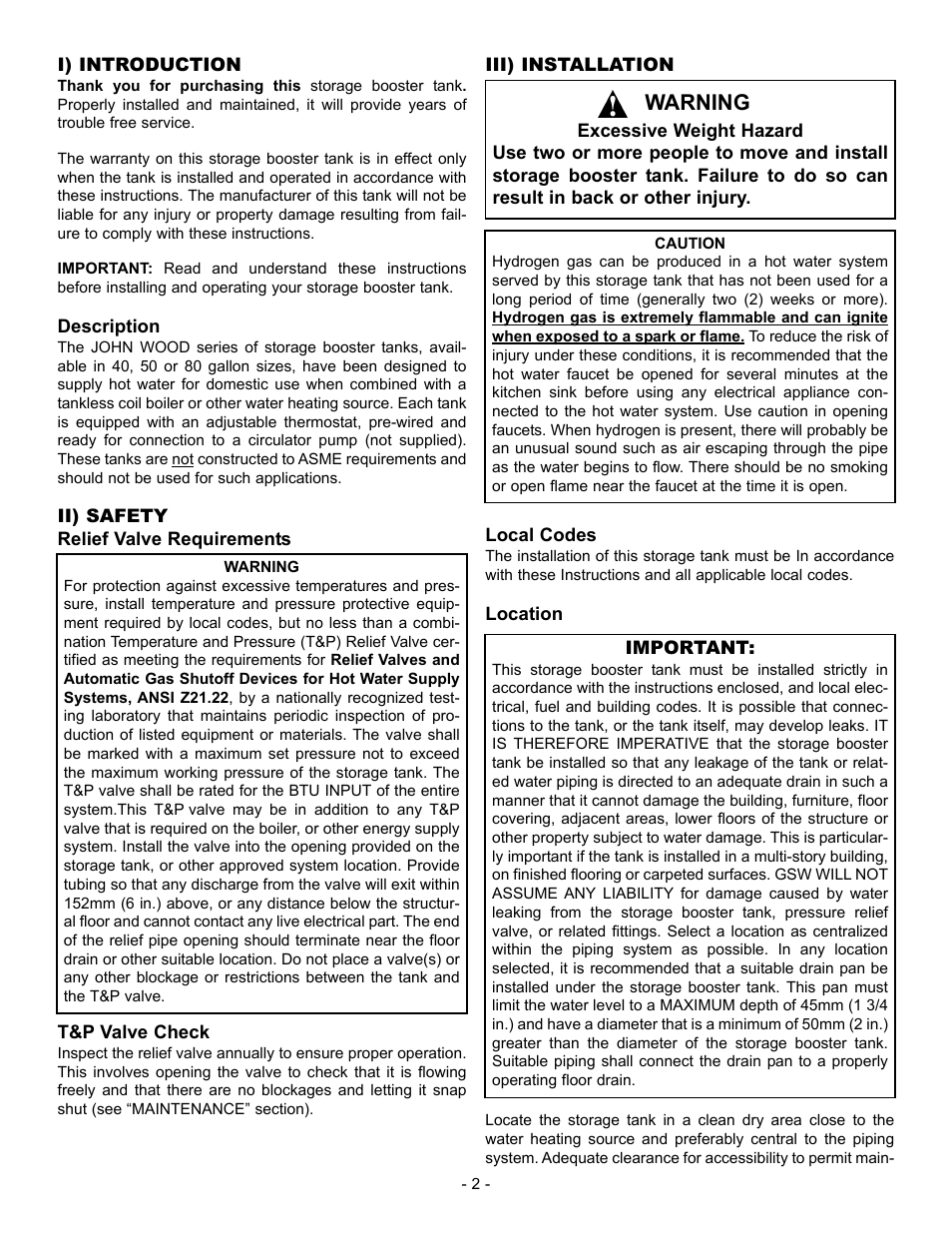 Warning | John Wood Storage Booster Tanks User Manual | Page 2 / 8