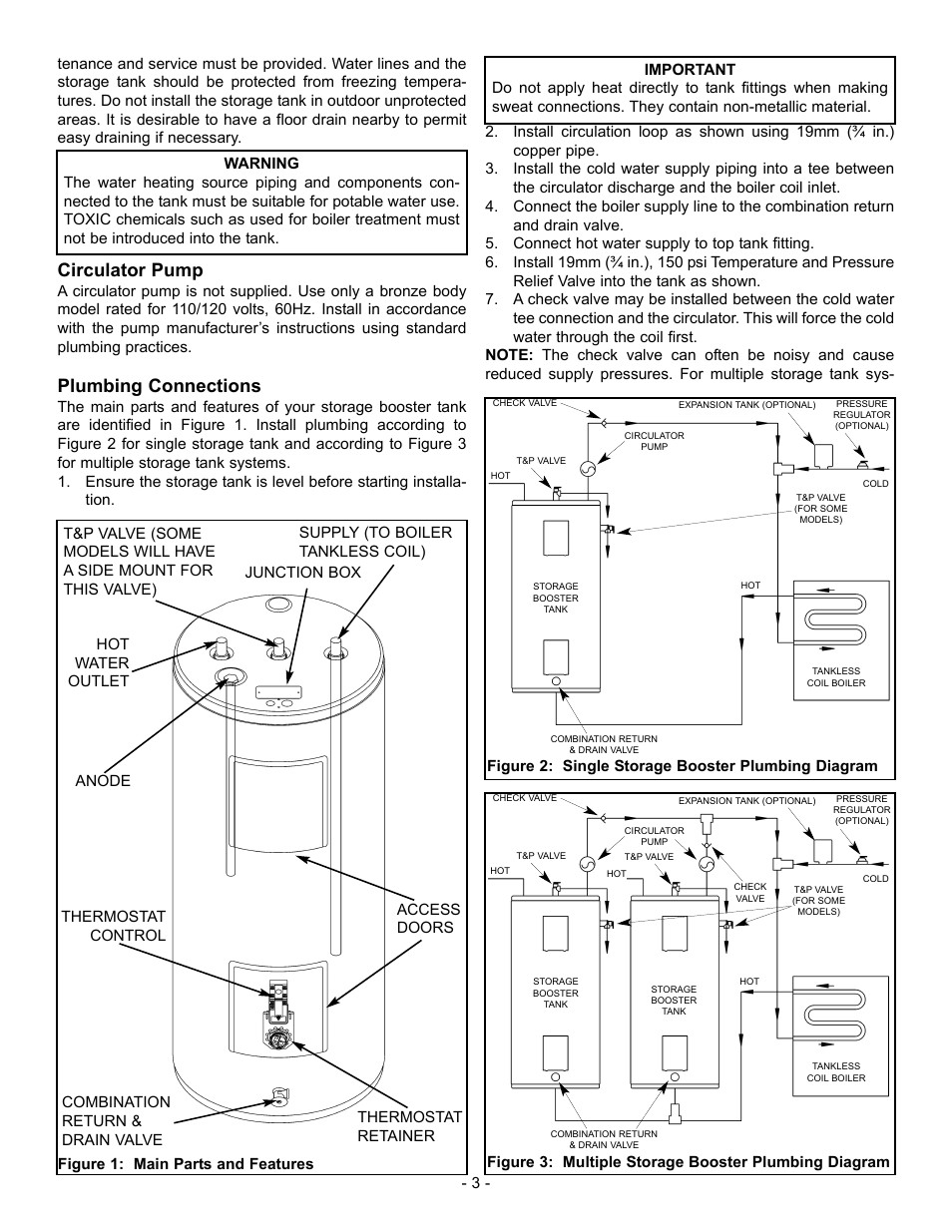 Circulator pump, Plumbing connections | John Wood Storage Booster Tanks User Manual | Page 3 / 8