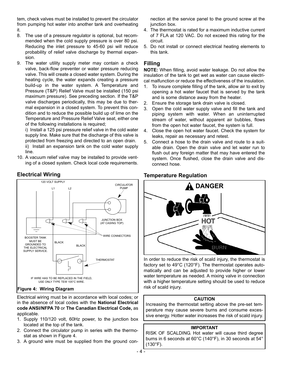 Danger, Electrical wiring, Filling | Temperature regulation | John Wood Storage Booster Tanks User Manual | Page 4 / 8