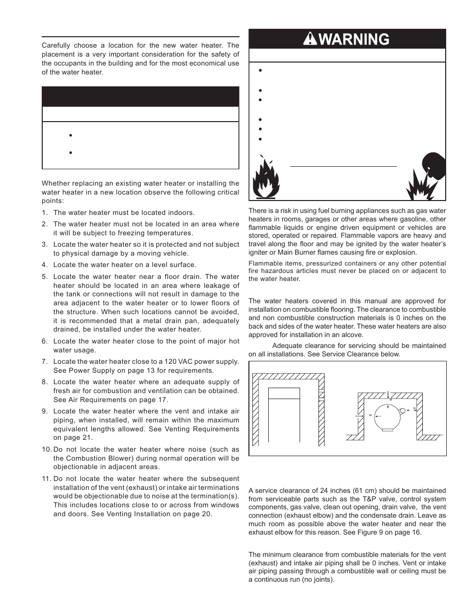 Locating the water heater, Caution, Property damage hazard | Fire or explosion hazard | John Wood Commercial - 300-400K BTU User Manual | Page 11 / 76