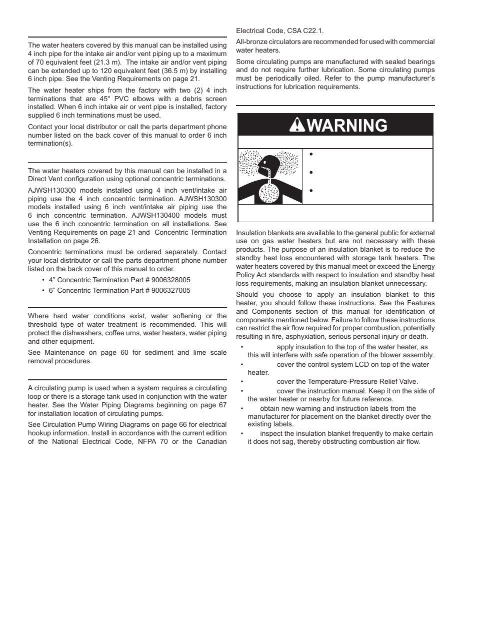 Extended vent terminations, Optional concentric terminations, Hard water | Circulation pumps, Insulation blankets, Breathing hazard - carbon monoxide gas | John Wood Commercial - 300-400K BTU User Manual | Page 12 / 76