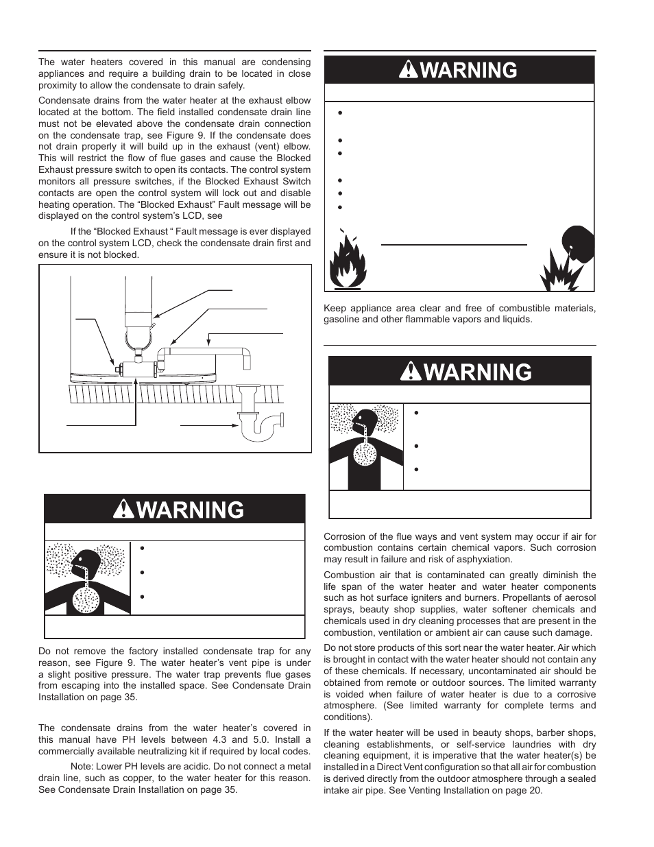 Condensate drain, Combustible material storage, Contaminated air | Fire or explosion hazard, Breathing hazard - carbon monoxide gas | John Wood Commercial - 300-400K BTU User Manual | Page 16 / 76