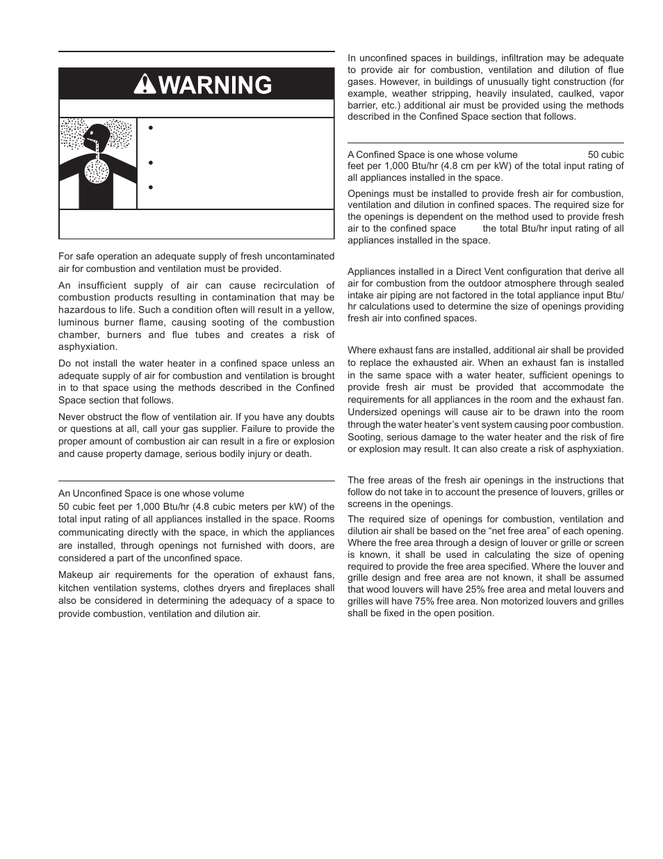 Air requirements, Unconfined space, Confined space | Air requirements unconfined space confined space, Breathing hazard - carbon monoxide gas | John Wood Commercial - 300-400K BTU User Manual | Page 17 / 76