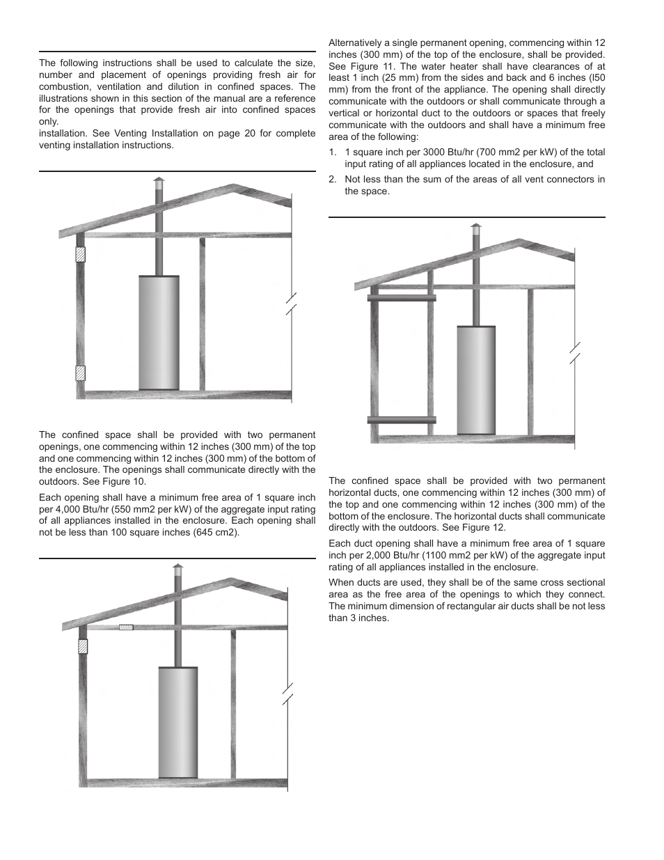 Fresh air openings for confined spaces, Outdoor air through two openings, Outdoor air through one opening | Outdoor air through two horizontal ducts | John Wood Commercial - 300-400K BTU User Manual | Page 18 / 76