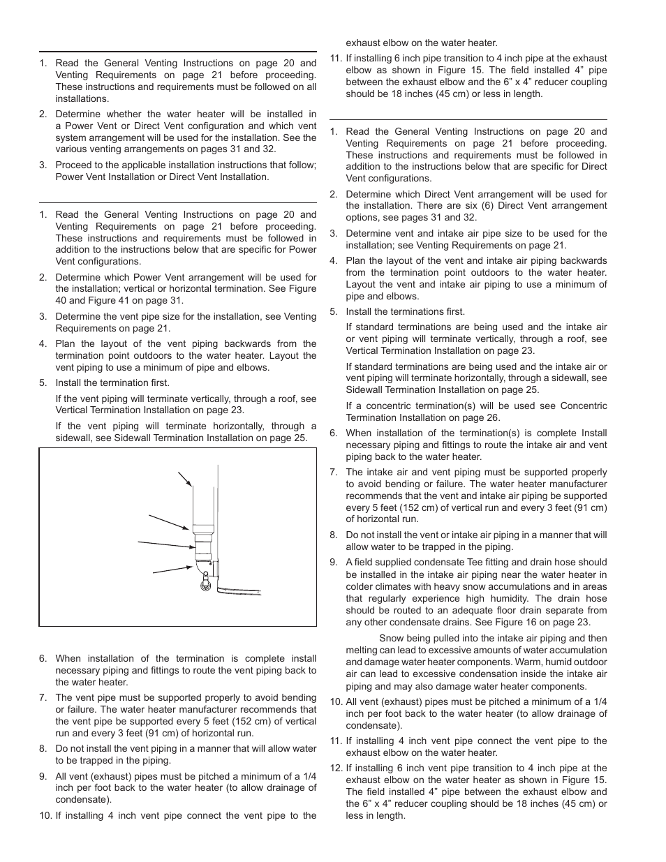 Venting installation sequence, Power vent installation, Direct vent installation | John Wood Commercial - 300-400K BTU User Manual | Page 22 / 76