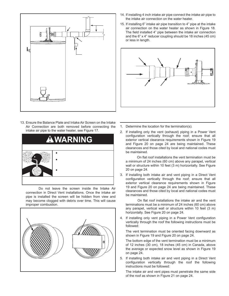 Vertical termination installation, Breathing hazard - carbon monoxide gas, Intake air balance plate and screen | Intake air condensate tee installation | John Wood Commercial - 300-400K BTU User Manual | Page 23 / 76