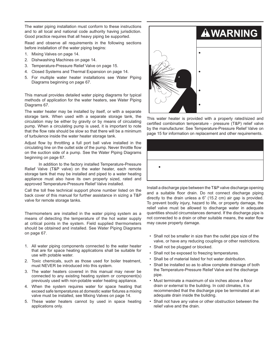 Water line connections, T&p valve discharge pipe, Water line connections t&p valve discharge pipe | Caution, Water damage hazard | John Wood Commercial - 300-400K BTU User Manual | Page 39 / 76