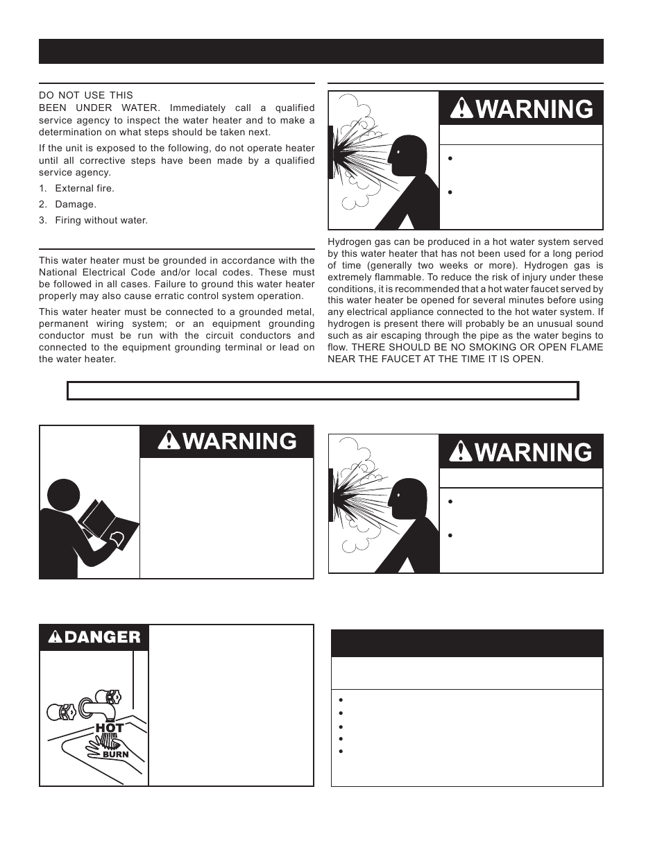 General safety information, Precautions, Grounding instructions | Hydrogen gas flammable, Caution, Explosion hazard | John Wood Commercial - 300-400K BTU User Manual | Page 4 / 76