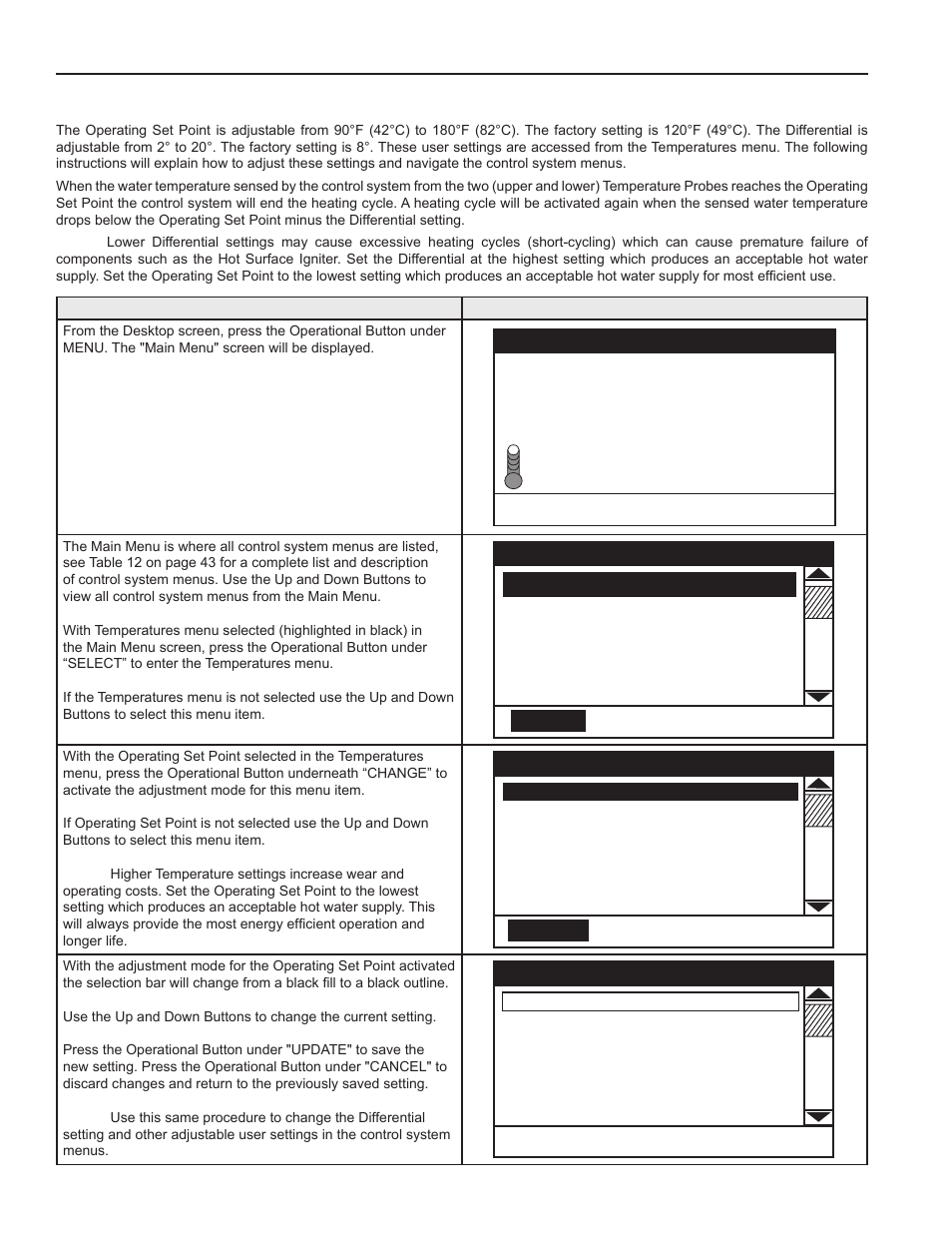 User settings & control system menus, Operating set | John Wood Commercial - 300-400K BTU User Manual | Page 44 / 76