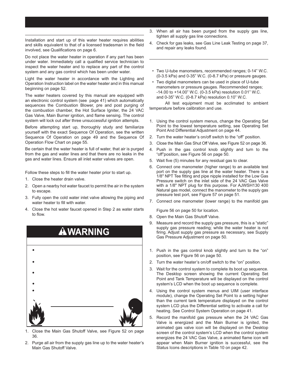 Start up, Prior to start up, Initial start up | Fire or explosion hazard | John Wood Commercial - 300-400K BTU User Manual | Page 49 / 76