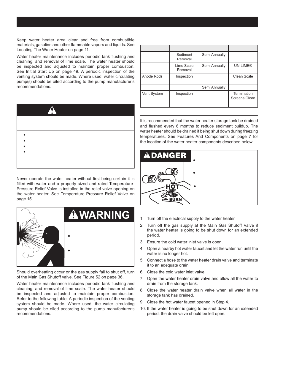 Maintenance, General, Maintenance schedule | Draining and flushing, Maintenance schedule draining and flushing, Caution, Explosion hazard | John Wood Commercial - 300-400K BTU User Manual | Page 60 / 76