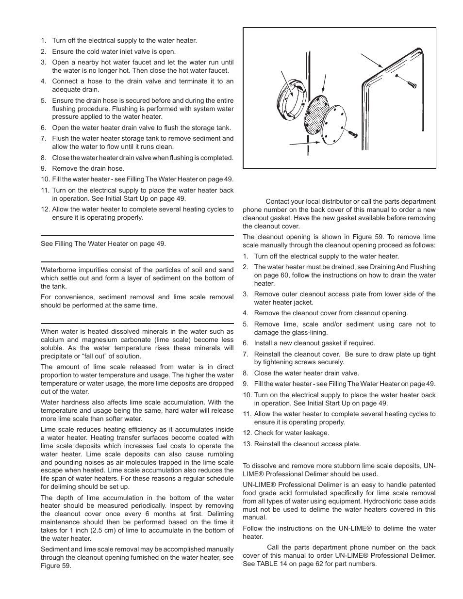 Filling the water heater, Sediment removal, Lime scale removal | Sediment removal lime scale removal | John Wood Commercial - 300-400K BTU User Manual | Page 61 / 76