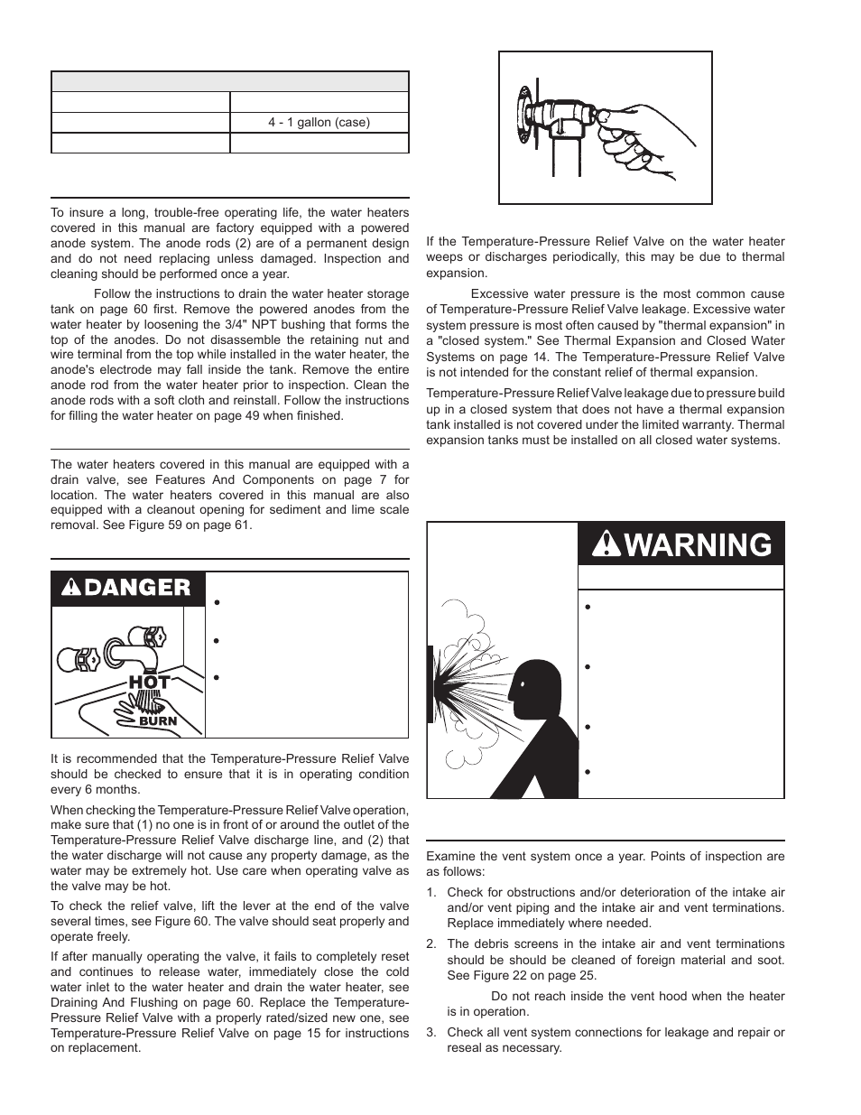 Powered anode rods, Drain valve and access panels, Temperature-pressure relief valve test | Vent system | John Wood Commercial - 300-400K BTU User Manual | Page 62 / 76