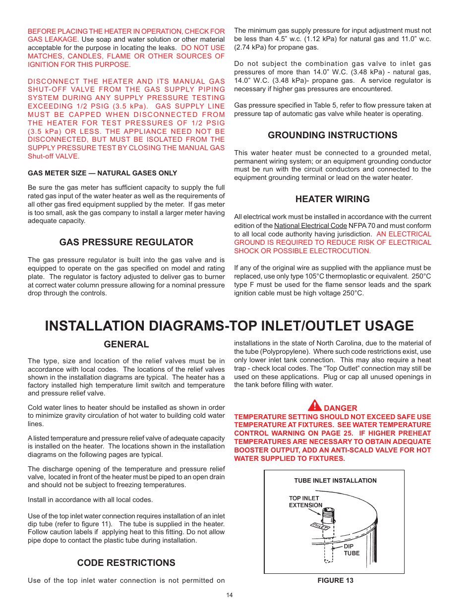 Installation diagrams-top inlet/outlet usage, General, Code restrictions | Gas pressure regulator, Grounding instructions, Heater wiring | John Wood Commercial Atmospheric Vent - AJWSM User Manual | Page 14 / 34