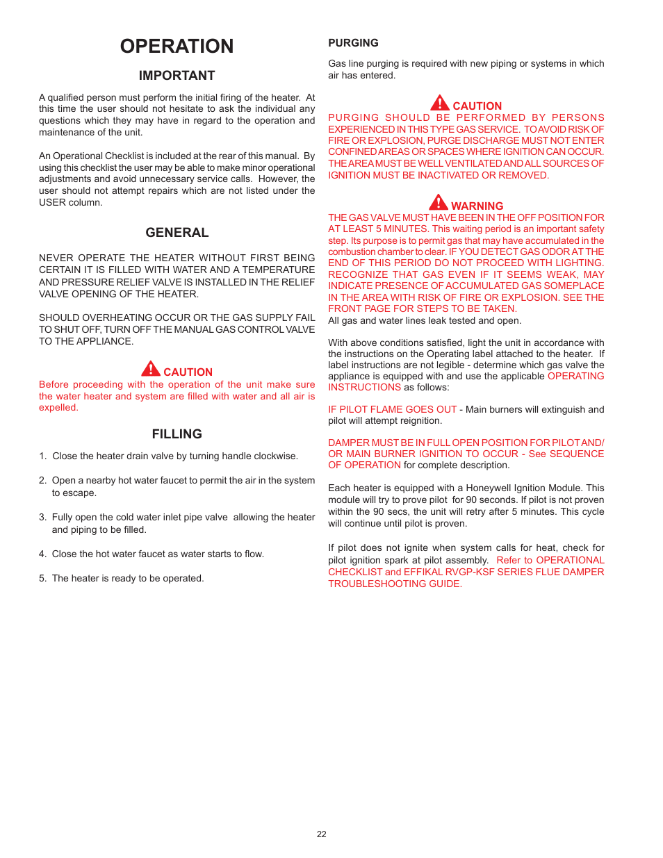 Operation, Important, General | Filling | John Wood Commercial Atmospheric Vent - AJWSM User Manual | Page 22 / 34