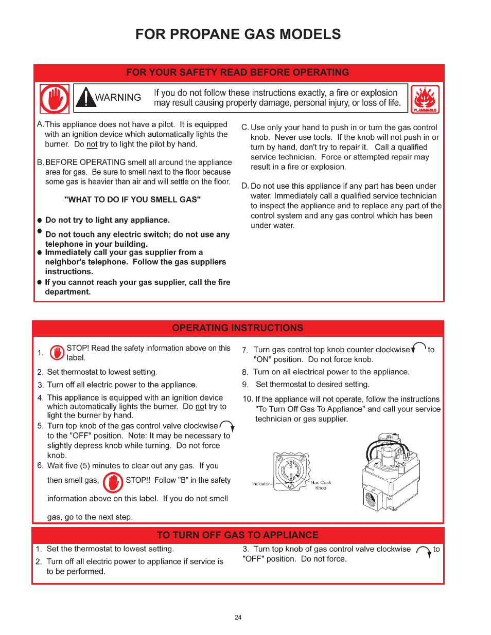 For propane gas models | John Wood Commercial Atmospheric Vent - AJWSM User Manual | Page 24 / 34